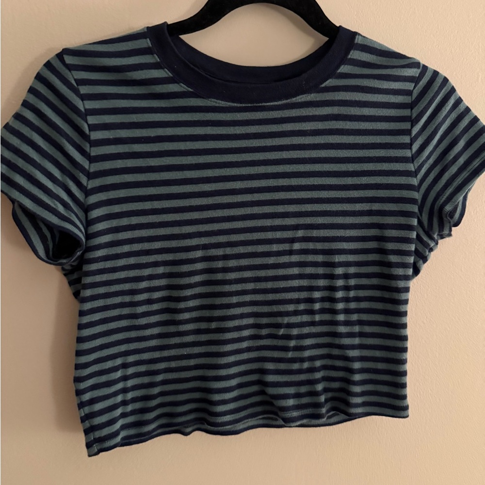 Hollister Navy and Green Striped Crop Top